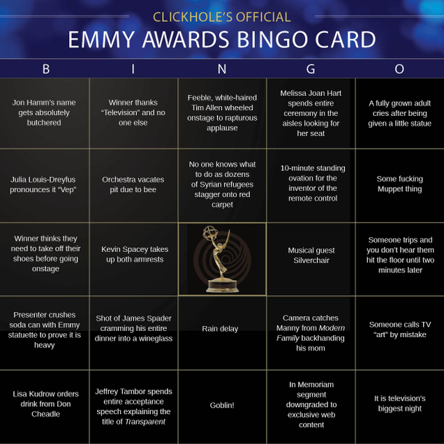 Illustration for article titled ClickHole’s Official 2015 Emmys Bingo Card